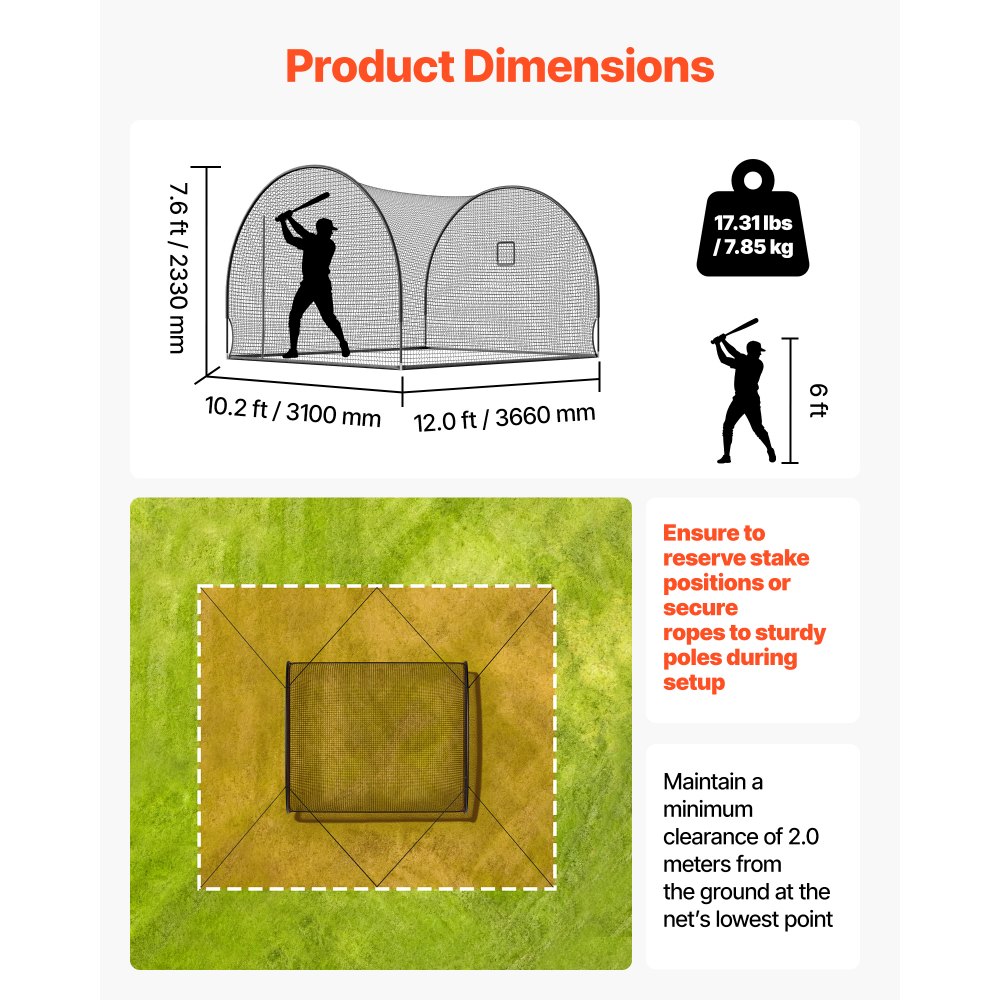 VEVOR Baseball Batting Cage, 3660 x 3100 x 2330mm Freestanding Portable Batting Cage, Hitting Cages with 4-Ply Knotless Polyester & Pitching Machine Opening, Battings Cages Netting for Indoor Outdoor