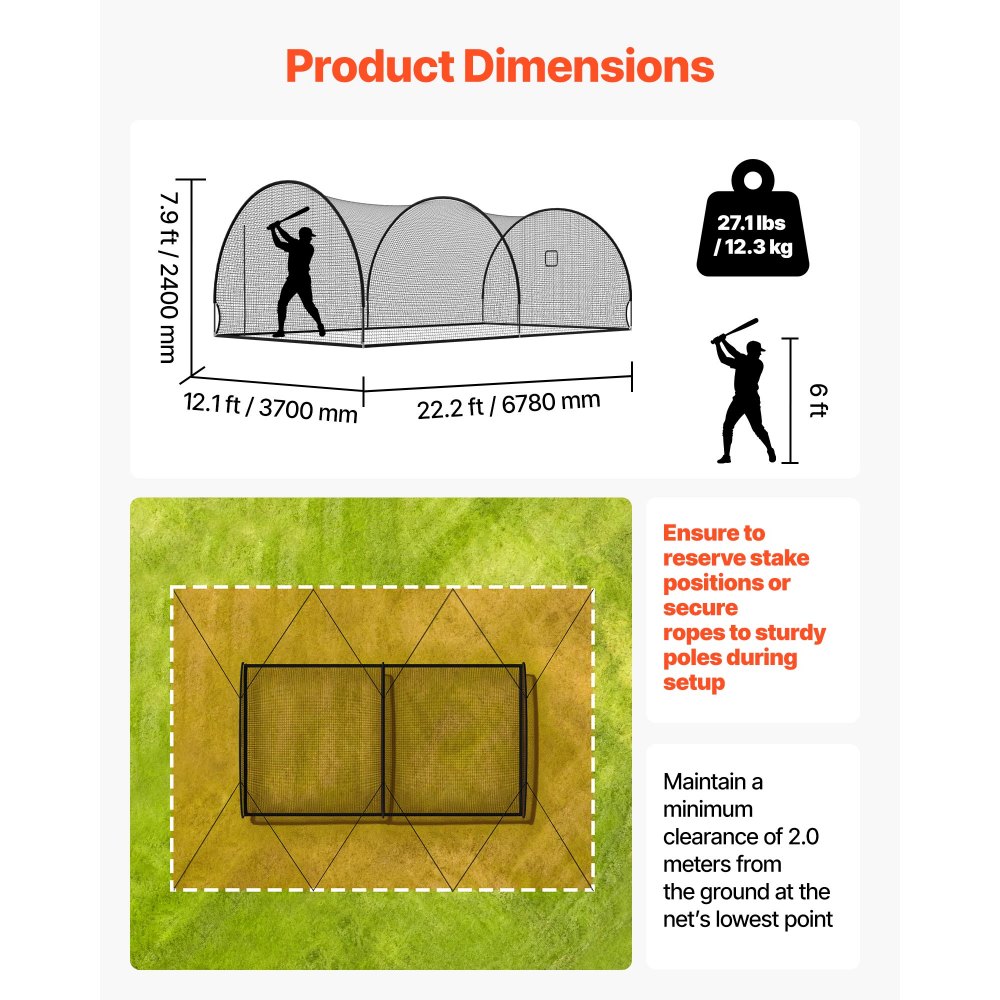 VEVOR Baseball Batting Cage, 6780 x 3700 x 2400mm Freestanding Portable Batting Cage, Hitting Cages with 4-Ply Knotless Polyester & Pitching Machine Opening, Battings Cages Netting for Indoor Outdoor