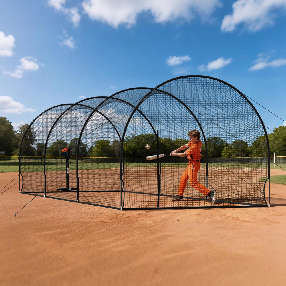 VEVOR Gabbia da Battuta da Baseball da 10058 x 3660 x 3000 mm Indipendente con Poliestere senza Nodi a 4 Strati e Apertura per Macchina da Lancio, Gabbie da Battuta in Rete per Interni Esterni