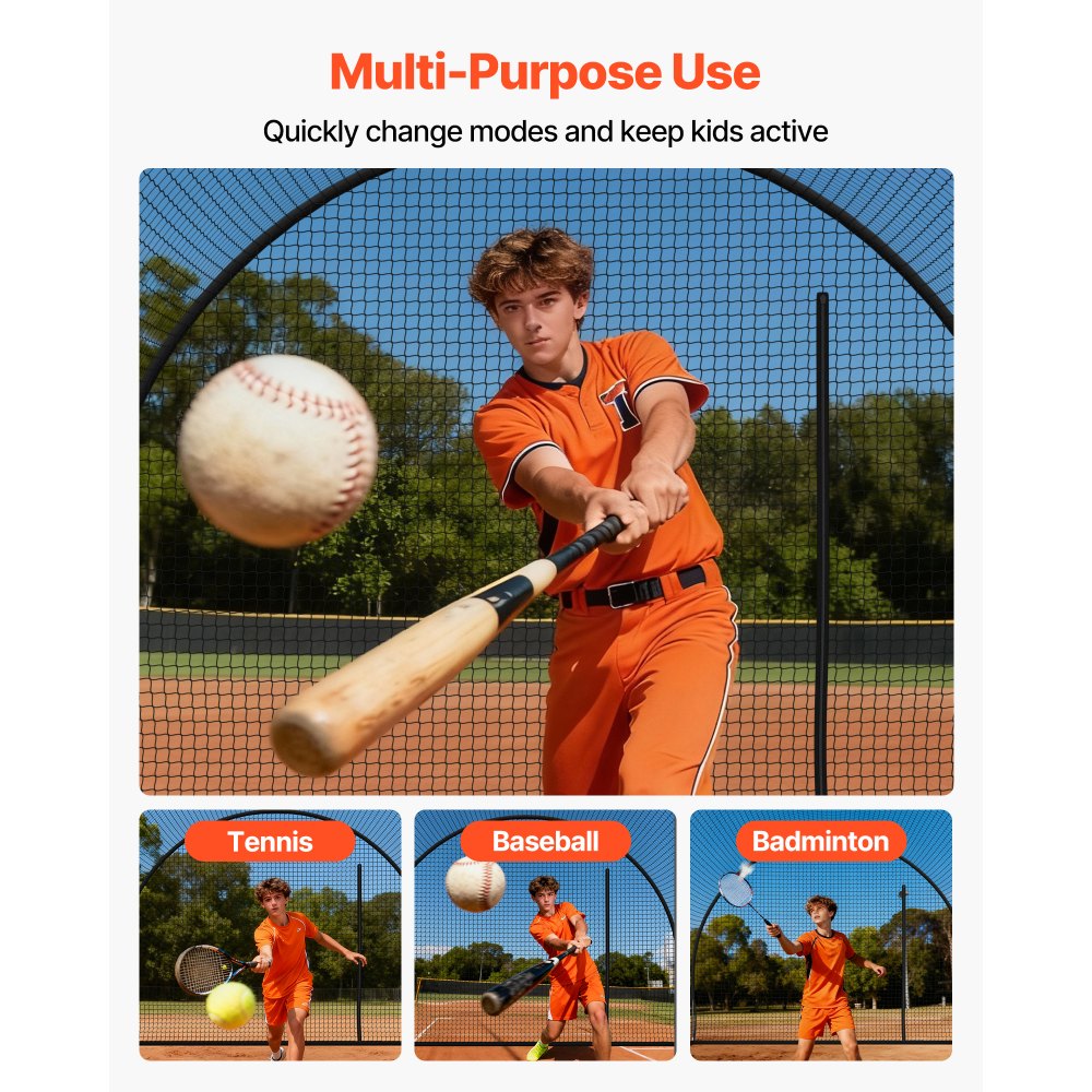 VEVOR Baseball Batting Cage, 12200 x 3700 x 3050mm Freestanding Portable Batting Cage, Hitting Cages with 4-Ply Knotless Polyester & Pitching Machine Opening, Battings Cages Netting for Indoor Outdoor
