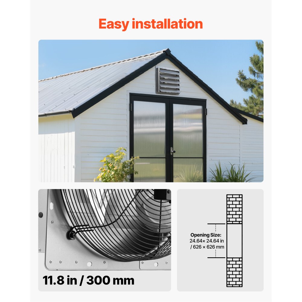 VEVOR Ventilatore di Estrazione con Persiane 624 mm Aspiratore da Parete, Alette Automatiche, Struttura in Acciaio, Bassa Rumorosità, Motore AC, 6679 CFM per Sottotetto, Garage, Fienile e Officina