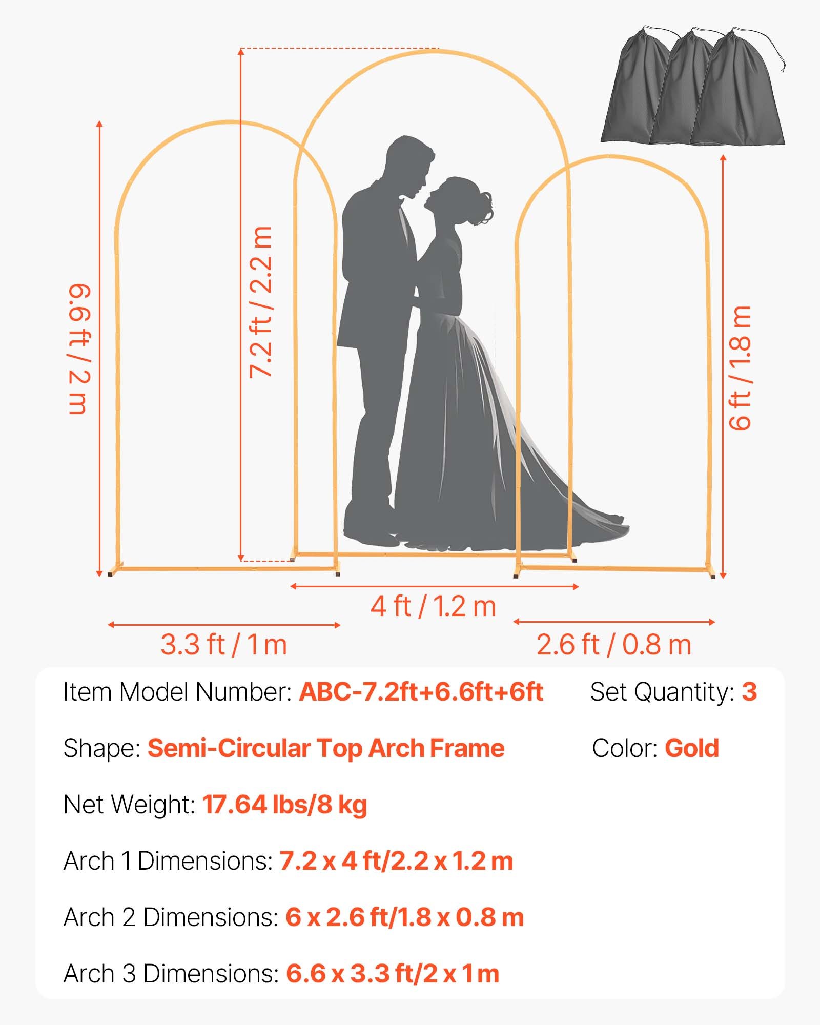 VEVOR Supporto per Fondale ad Arco 2,2 / 2 / 1,8 m, Set da 3, Struttura Stabile, Facile da Montare, Set di Fondali ad Arco per Feste per Matrimoni, Feste di Compleanno, Decorazioni per Cerimonie