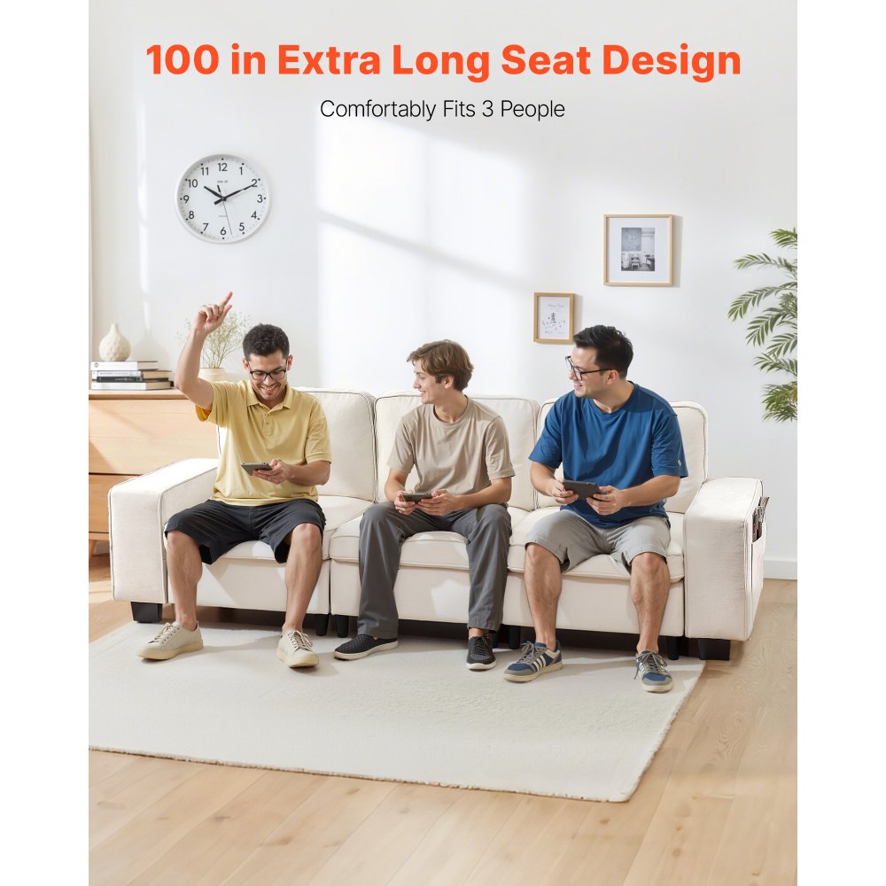 VEVOR Divano a 3 Posti da Soggiorno, Divano Modulare a Forma di Nuvola con Contenitore Inferiore, Poltrona Moderna per Soggiorno con Tasche Portaoggetti Laterali Struttura in Metallo, Bianco