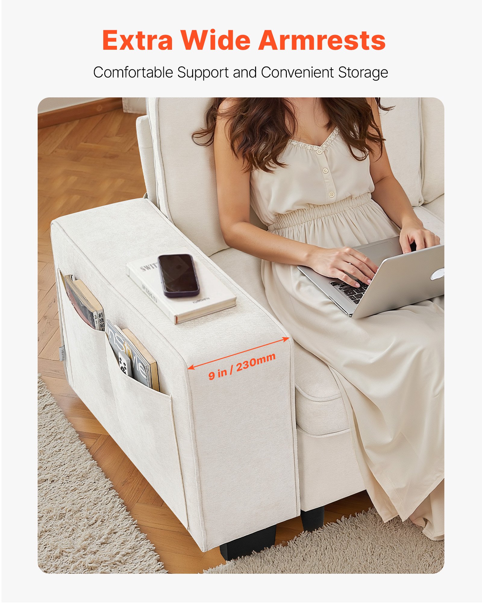 VEVOR Divano a 3 Posti da Soggiorno, Divano Modulare a Forma di Nuvola con Contenitore Inferiore, Poltrona Moderna per Soggiorno con Tasche Portaoggetti Laterali Struttura in Metallo, Bianco