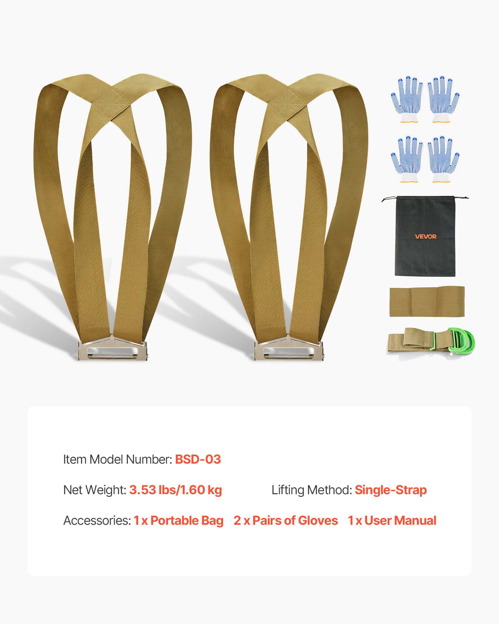 VEVOR Cinghie per Traslochi Sistema di Sollevamento e Spostamento per 2 Persone con 2 Cinghie di Imbracatura 1 Cinghia Portante e 1 Cinghia Portatile, per Spostare Mobili, Elettrodomestici