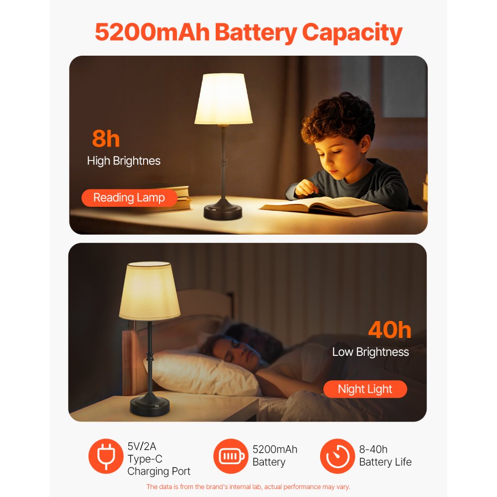 VEVOR Lampada da Tavolo Senza Fili con Paralume in Tessuto Batteria Ricaricabile Integrata da 5200 mAh, Lampada da Scrivania 16 x 16 x 40 cm Dimmerabile 3 Livelli per Camera da Letto, Nero