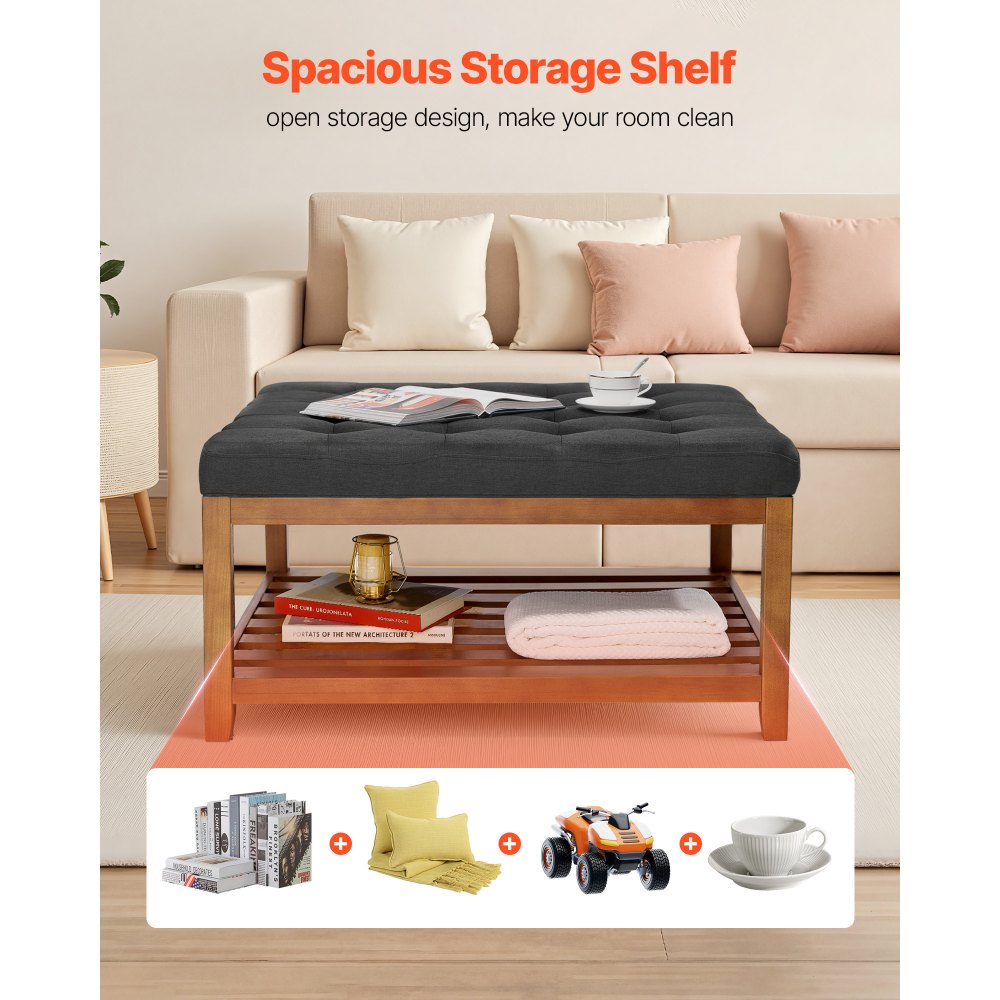 VEVOR Tavolino da Caffè Quadrato 875 x 875 x 445 mm con Ripiano Portaoggetti in Legno Massello, Poggiapiedi in Lino per Salotto, Camera da Letto, Soggiorno, 181,44 kg, Grigio Scuro