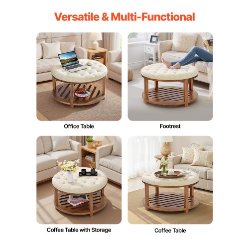 24KF Pouf Ottomano Rotondo Imbottito In Lino Trapuntato – Con Ripiano In Legno, Diametro 81 Cm, Avorio – Portata 158 Kg