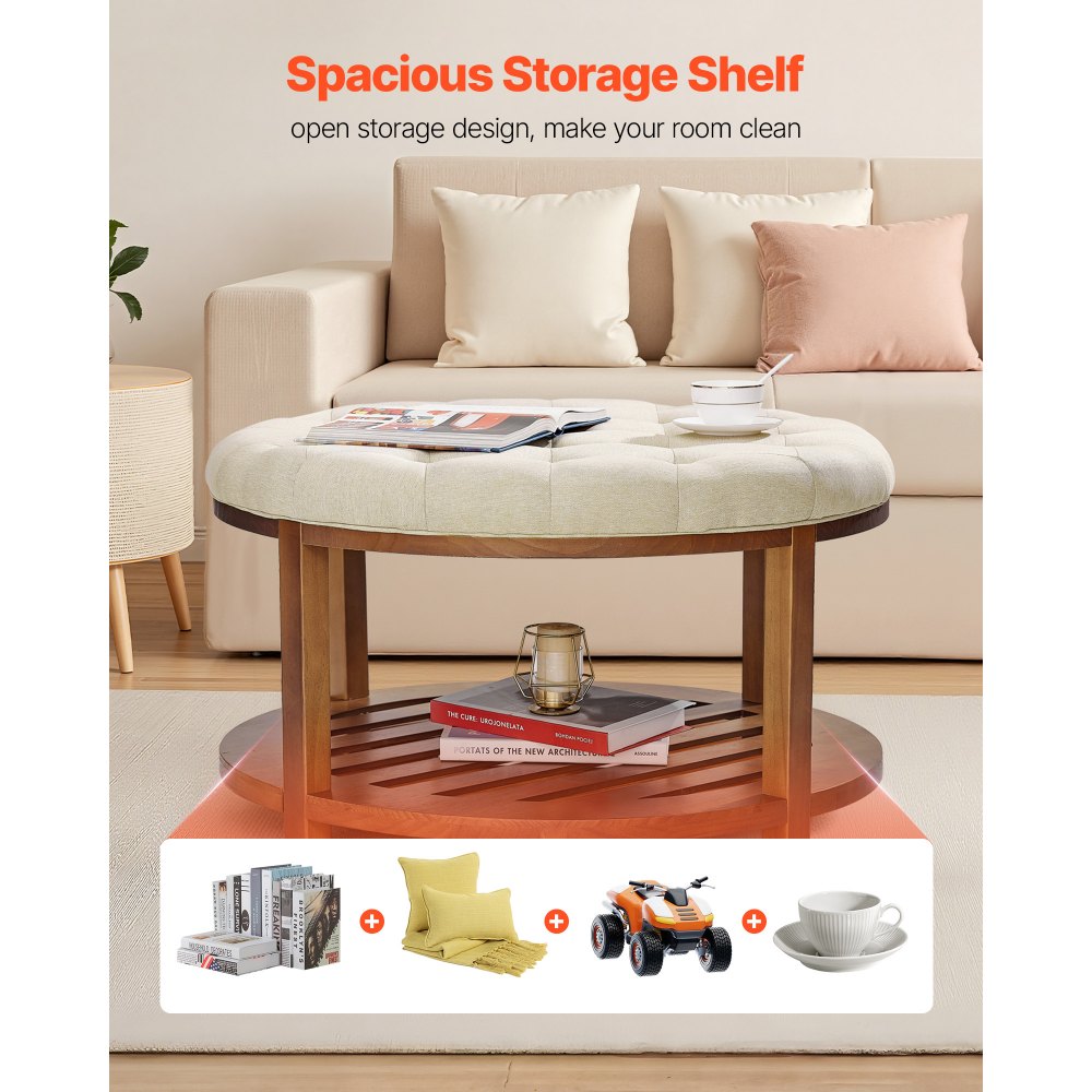 VEVOR Tavolino da Caffè Rotondo 810 x 810 x 476 mm con Contenitore in Legno Massello, Poggiapiedi in Lino per Salotto, Camera da Letto, Soggiorno, 158,76 kg, Colore Lino