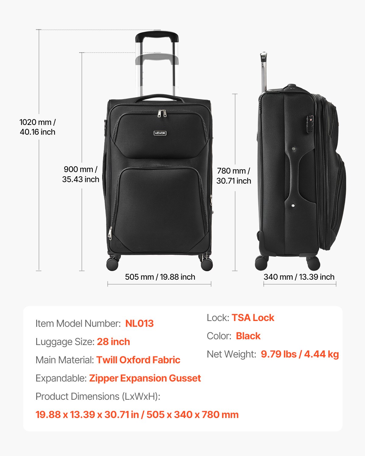 VEVOR Expandable Softside Suitcase with Spinner Wheels (505 x 340 x 820 mm), Fabric Carry-on Suitcase with Expandable Zippered Pocket & TSA Lock, Black Carry-on Suitcase