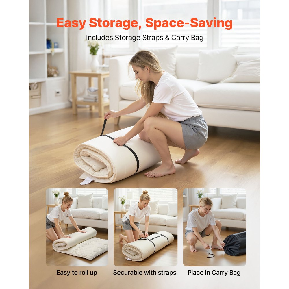 VEVOR Materasso Tatami Addensato da 2032 x 991 x 63,5 mm, Tatami Pieghevole Misura Letto Singolo, con Borsa Portaoggetti e Accessori di Montaggio, Materassino a 9 Strati per Meditazione Yoga, Bianco