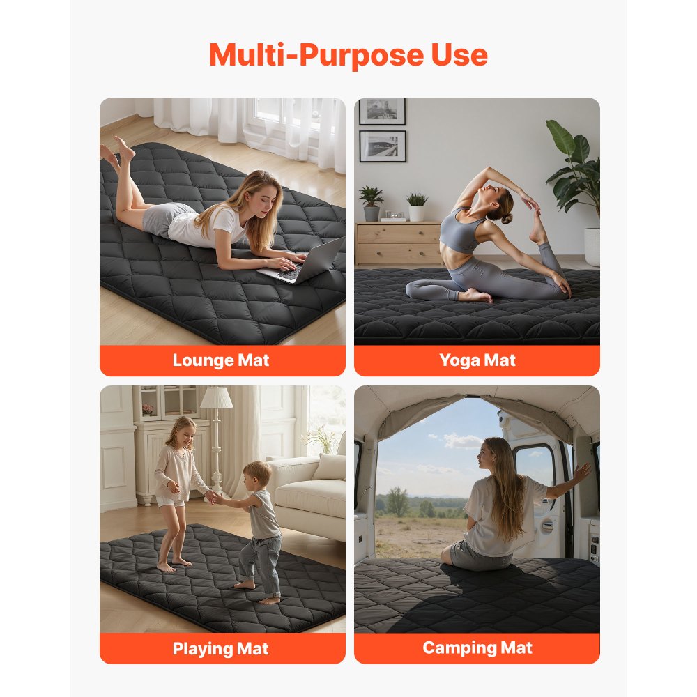 VEVOR Materasso Tatami Addensato da 2032 x 1372 x 89 mm, Tatami Pieghevole Dimensioni Standard, con Borsa Portaoggetti e Accessori di Montaggio, Materassino a 9 Strati per Meditazione Yoga, Nero