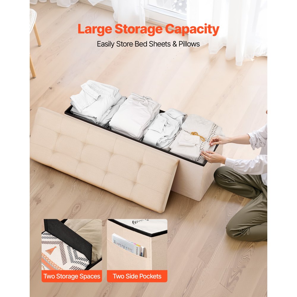 VEVOR Panca Contenitore Pieghevole Panca a Fine Letto Carico 299,37 kg con Tasche Laterali Contenitore Imbottito Pieghevole, Pouf da Letto in Lino con Ampio Spazio per Soggiorno, Beige