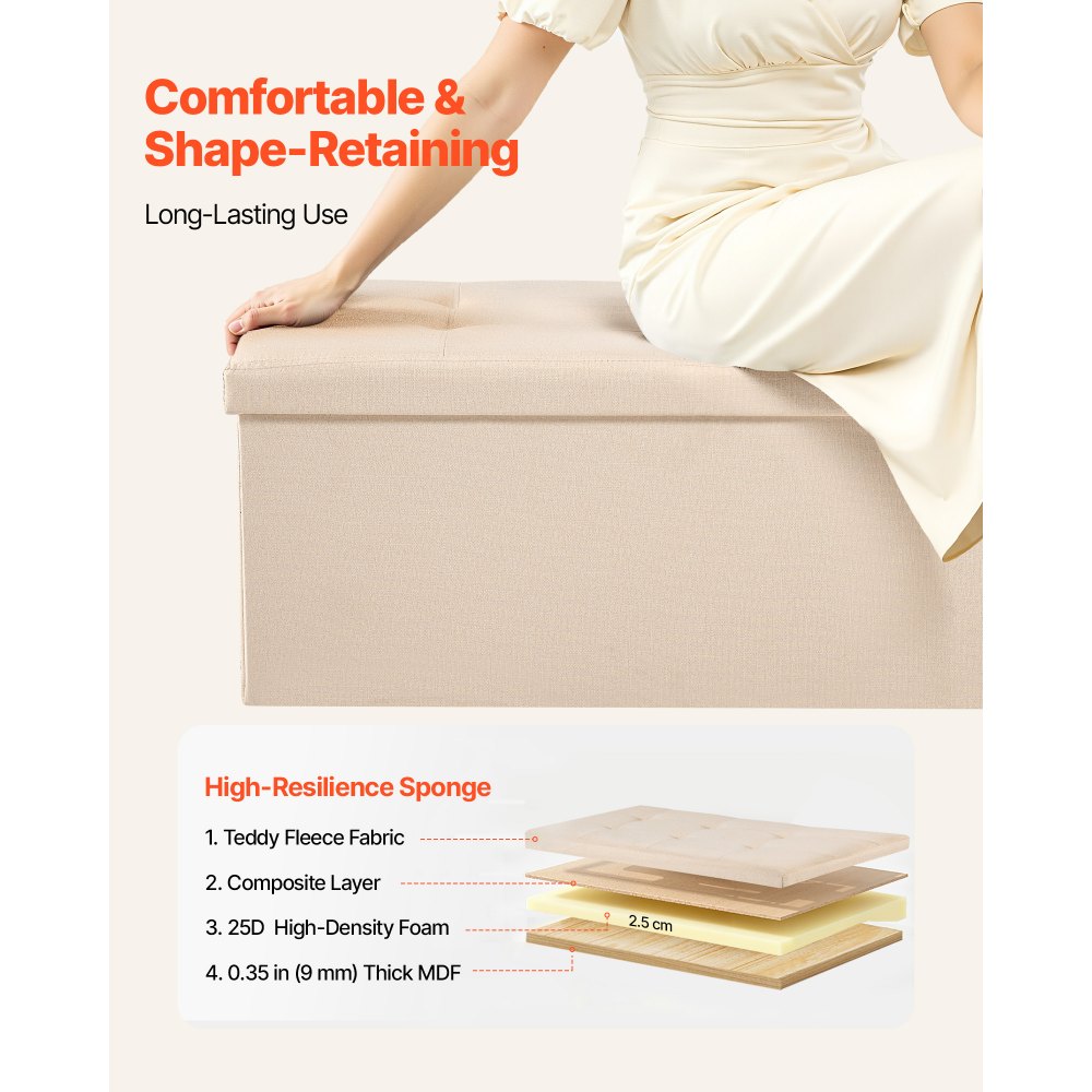 VEVOR Panca Contenitore Pieghevole Panca a Fine Letto Carico 299,37 kg con Tasche Laterali Contenitore Imbottito Pieghevole, Pouf da Letto in Lino con Ampio Spazio per Soggiorno, Beige