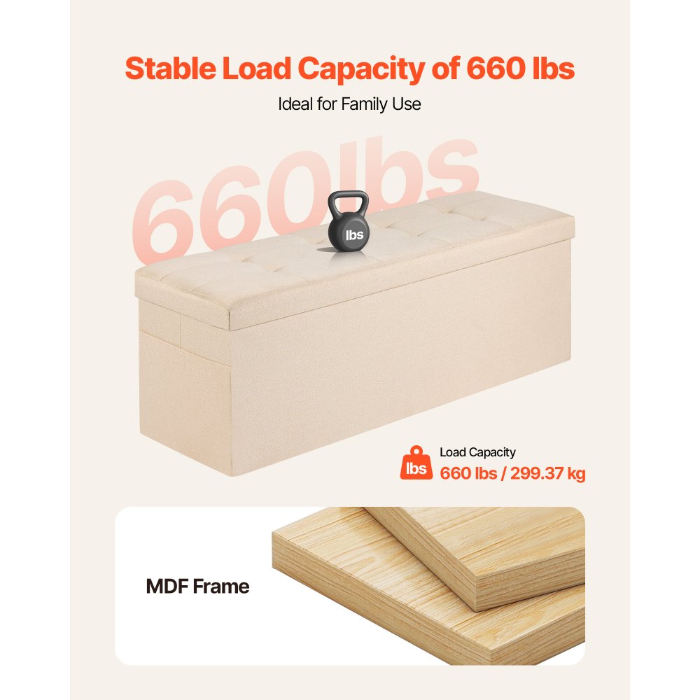 VEVOR Panca Contenitore Pieghevole Panca a Fine Letto Carico 299,37 kg con Tasche Laterali Contenitore Imbottito Pieghevole, Pouf da Letto in Lino con Ampio Spazio per Soggiorno, Beige