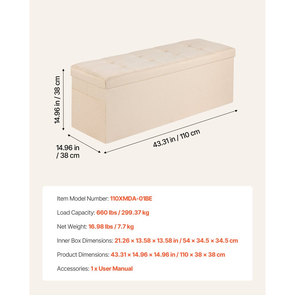 VEVOR Panca Contenitore Pieghevole Panca a Fine Letto Carico 299,37 kg con Tasche Laterali Contenitore Imbottito Pieghevole, Pouf da Letto in Lino con Ampio Spazio per Soggiorno, Beige
