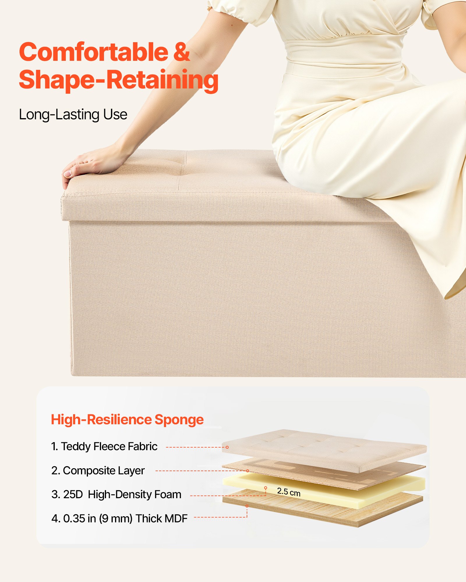 VEVOR Panca Contenitore Pieghevole Panca a Fine Letto Carico 299,37 kg con Tasche Laterali Contenitore Imbottito Pieghevole, Pouf da Letto in Lino con Ampio Spazio per Soggiorno, Beige