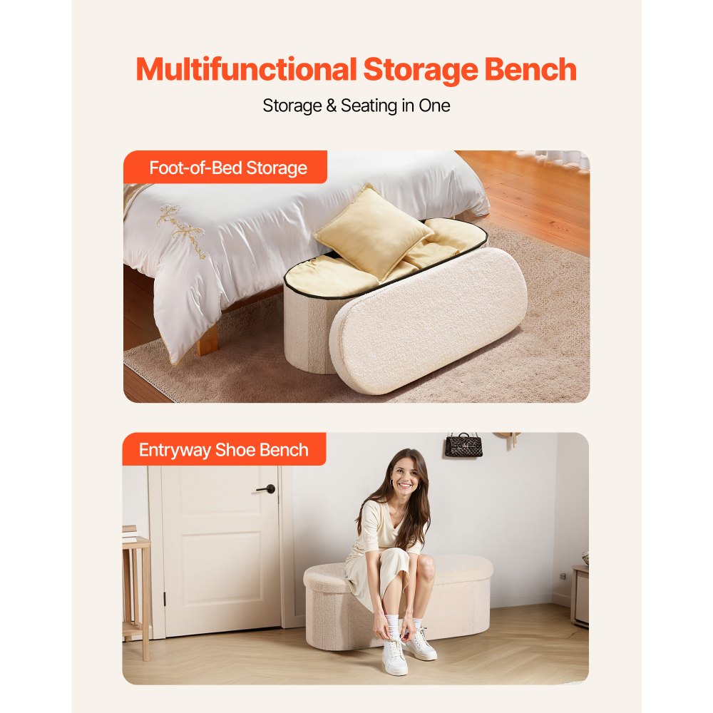VEVOR Panca Contenitore Ovale Cassapanca Portaoggetti Panca Pieghevole Imbottita Carico 299,37 kg per Letto con Ampio Spazio di Stoccaggio, per Soggiorno, Ingresso, Camera da Letto, Beige