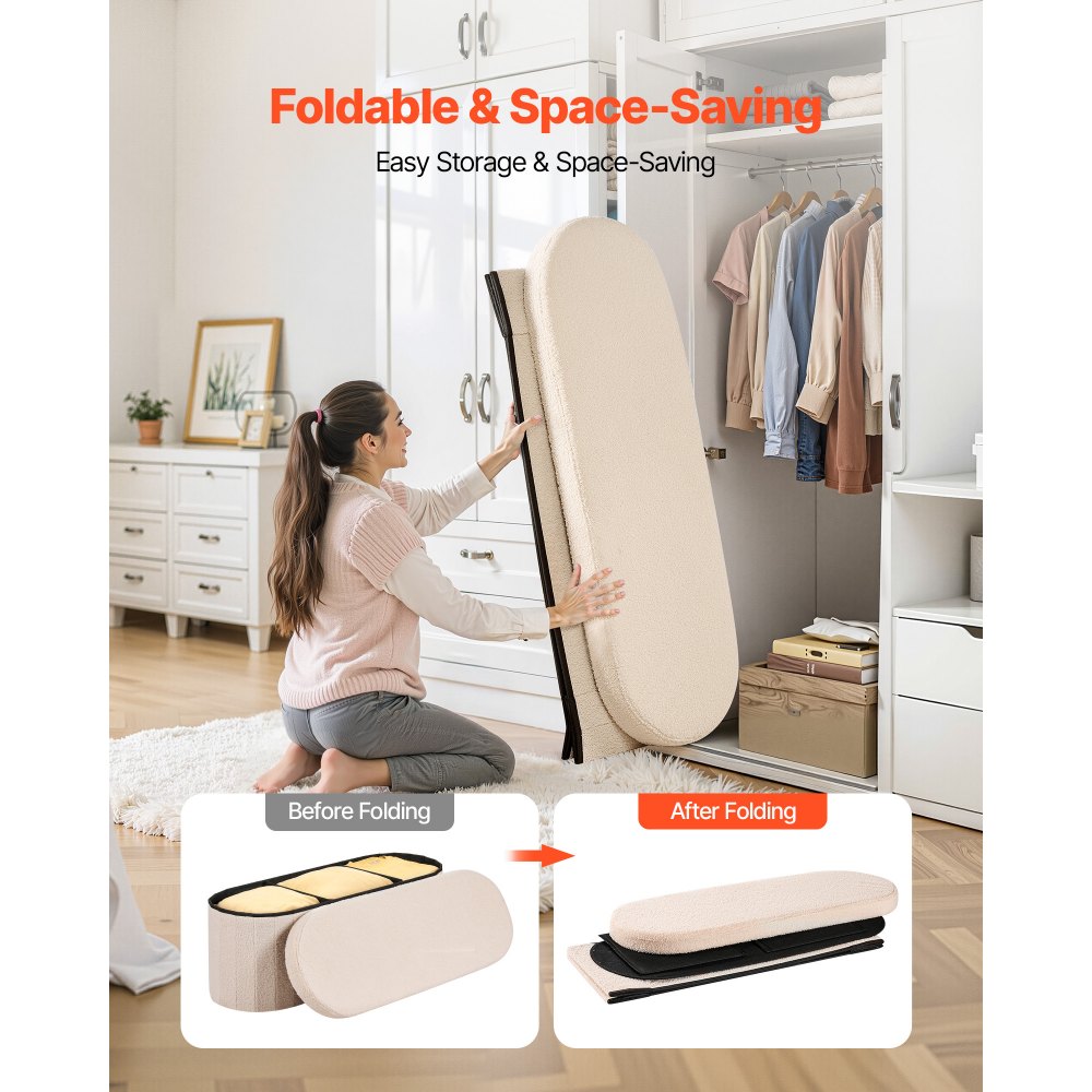 VEVOR Panca Contenitore Ovale Cassapanca Portaoggetti Panca Pieghevole Imbottita Carico 299,37 kg per Letto con Ampio Spazio di Stoccaggio, per Soggiorno, Ingresso, Camera da Letto, Beige