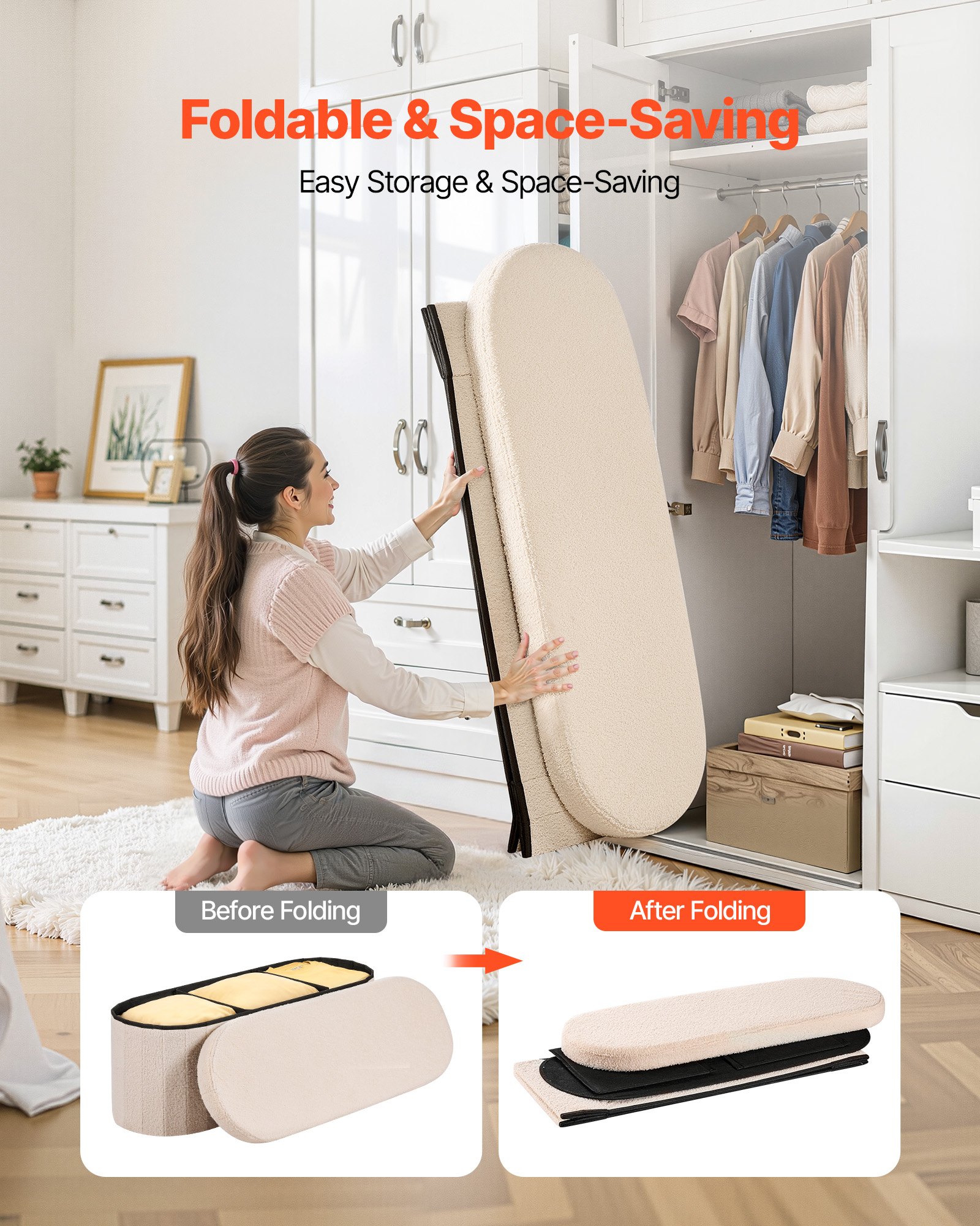 VEVOR Panca Contenitore Ovale Cassapanca Portaoggetti Panca Pieghevole Imbottita Carico 299,37 kg per Letto con Ampio Spazio di Stoccaggio, per Soggiorno, Ingresso, Camera da Letto, Beige