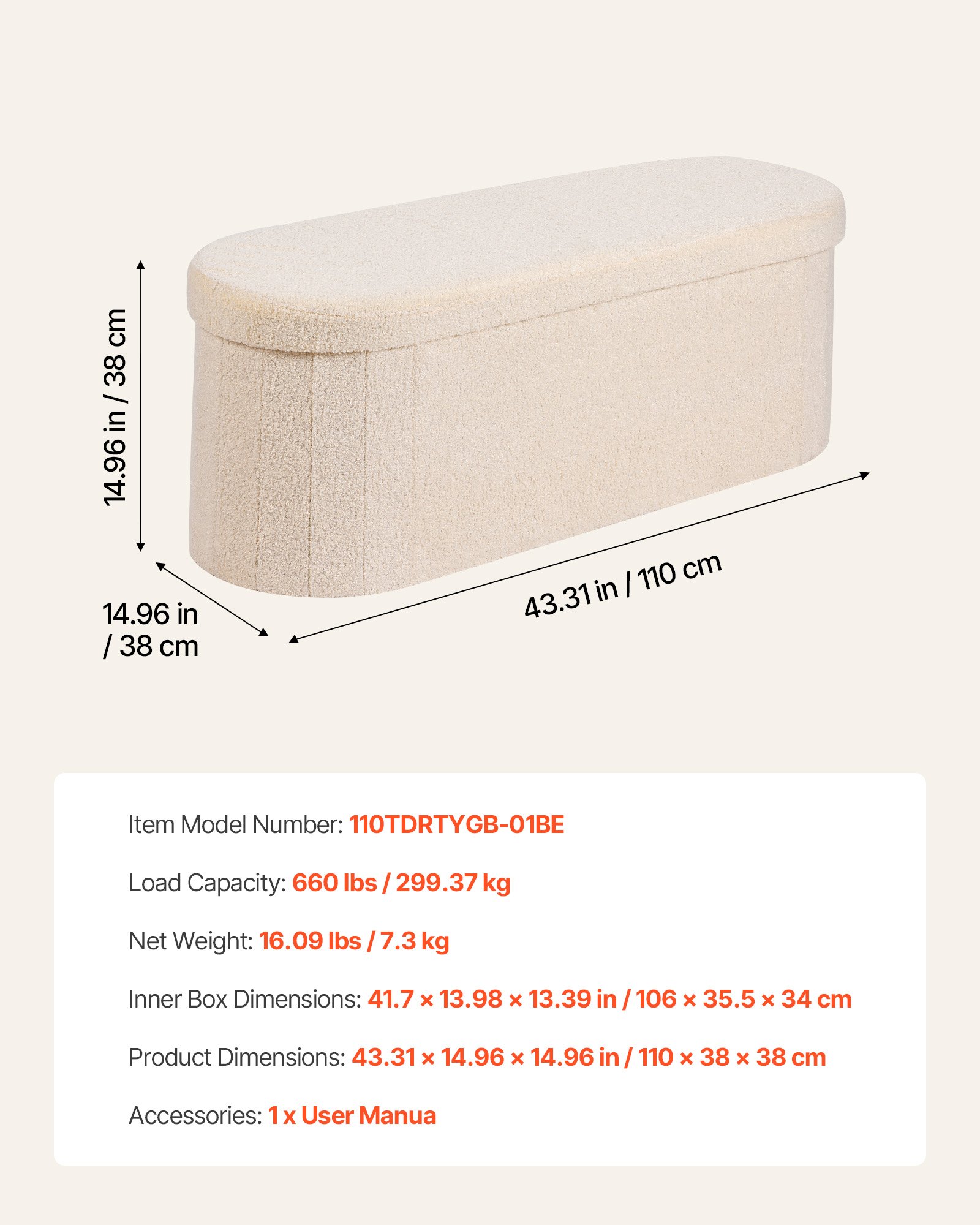 VEVOR Panca Contenitore Ovale Cassapanca Portaoggetti Panca Pieghevole Imbottita Carico 299,37 kg per Letto con Ampio Spazio di Stoccaggio, per Soggiorno, Ingresso, Camera da Letto, Beige