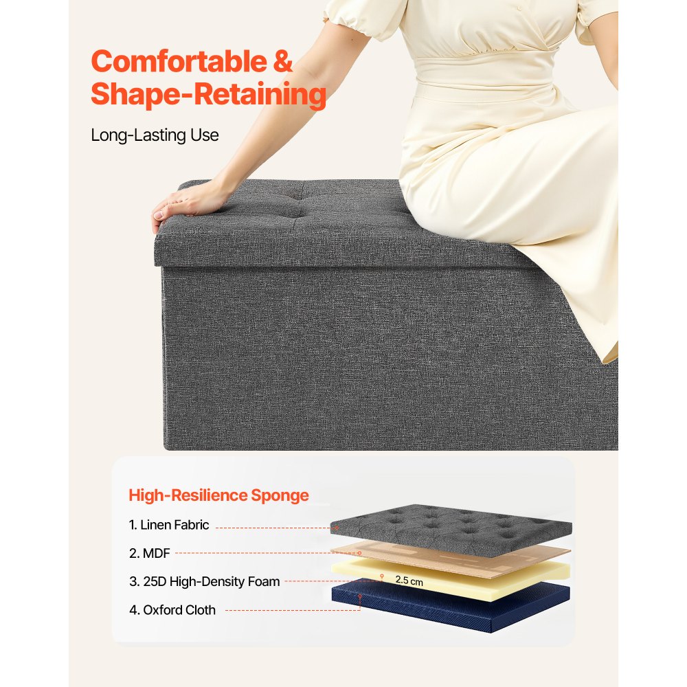 VEVOR Panca Contenitore Pieghevole Panca a Fine Letto Carico 299,37 kg con Tasche Laterali Contenitore Imbottito Pieghevole, Pouf Letto in Lino con Ampio Spazio per Soggiorno, Grigio