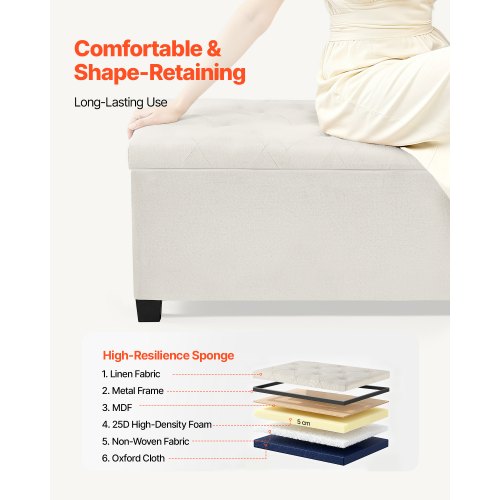 HUIMO Pouf Contenitore Trapuntato Con Bottoni - 127x45,7x45,7 Cm, In Tessuto Imbottito, Con Cerniera Sicurezza E Piedini In Legno, Grigio/blu/avorio - 2