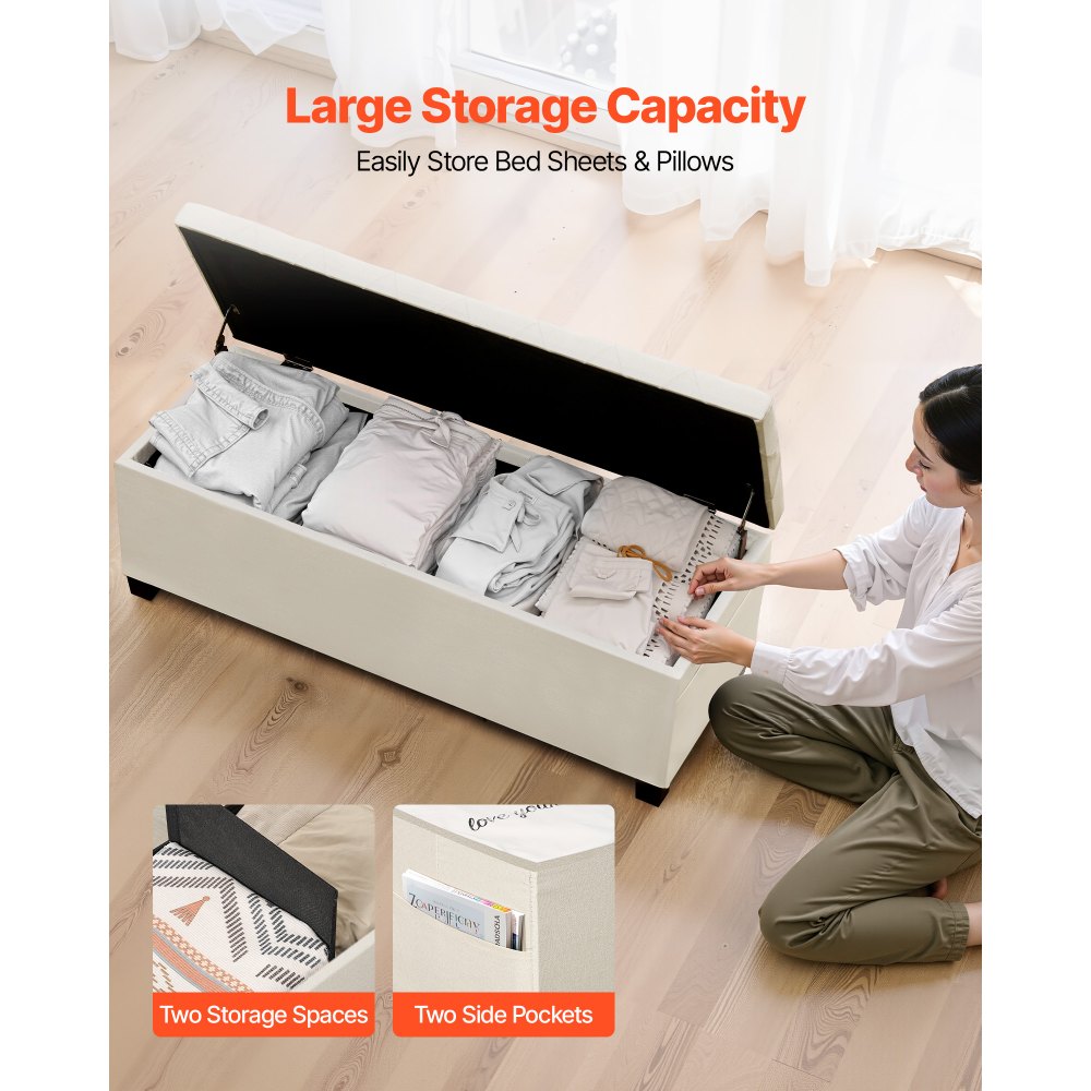 VEVOR Panca Contenitore, Panca con Bottoni Trapuntati e Tasche Laterali, Contenitore Imbottito Ribaltabile con Struttura in Metallo, Pouf da Letto in Lino per Soggiorno, Camera da Letto, Beige
