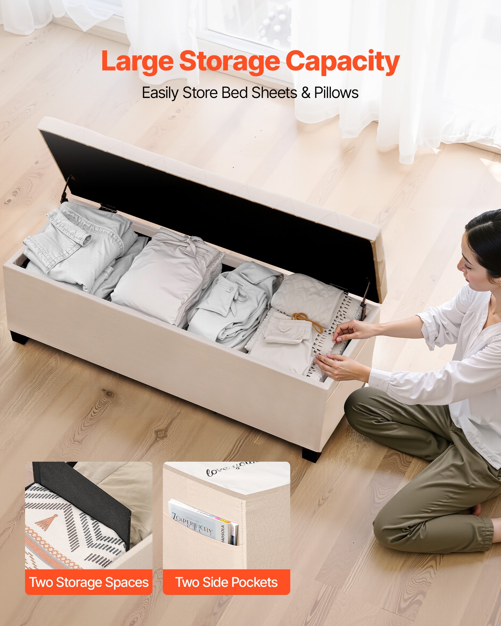 VEVOR Panca Contenitore, Panca con Bottoni Trapuntati e Tasche Laterali, Contenitore Imbottito Ribaltabile con Struttura in Metallo, Pouf da Letto in Lino per Soggiorno, Camera da Letto, Beige