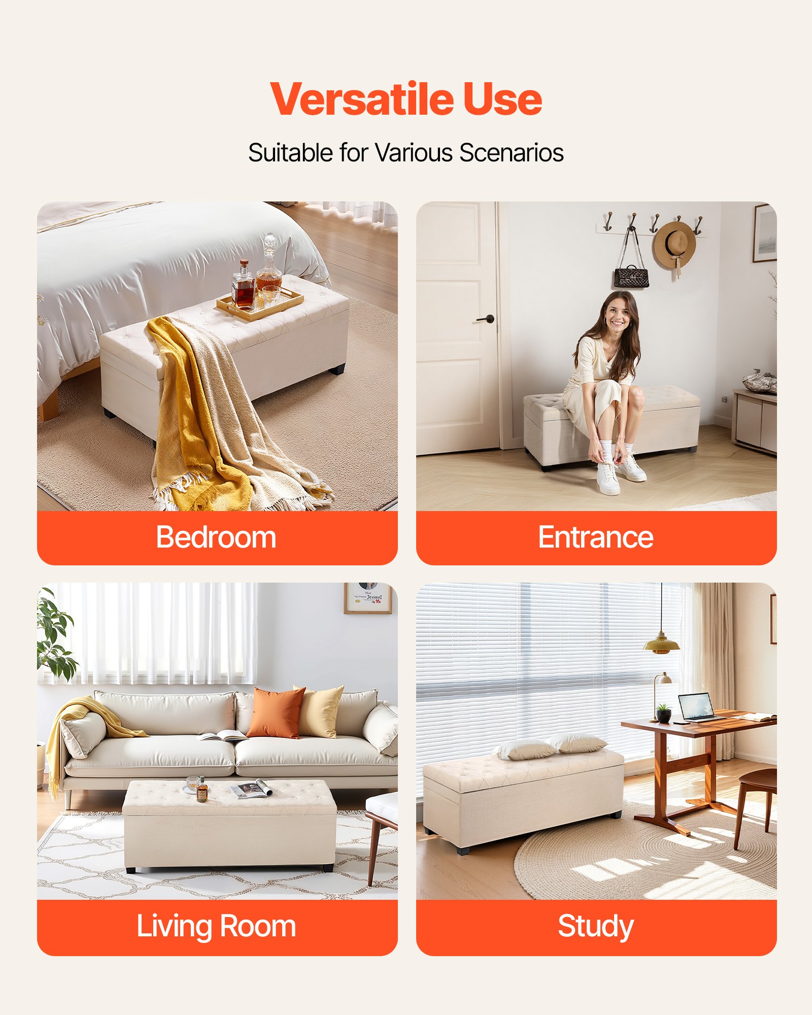 VEVOR Panca Contenitore, Panca con Bottoni Trapuntati e Tasche Laterali, Contenitore Imbottito Ribaltabile con Struttura in Metallo, Pouf da Letto in Lino per Soggiorno, Camera da Letto, Beige