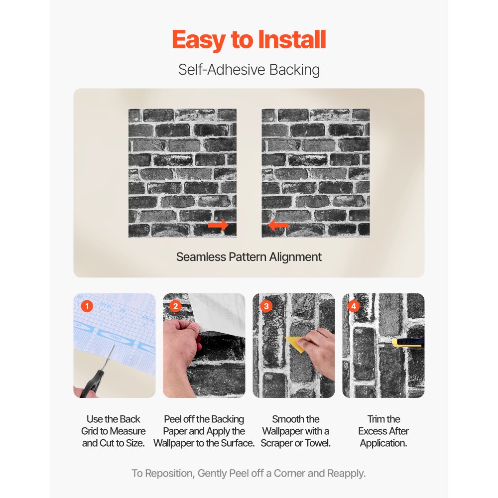 VEVOR Carta da Parati Adesiva Decorativa 45 cm x 10 m, Rotolo di Carta da Parati Autoadesiva in Vinile, Impermeabile, per Rivestimenti Murali, Camere da Letto, Cucine, Mattoni Grigi