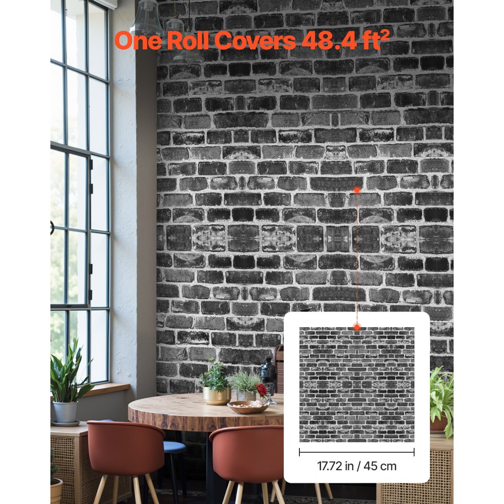 VEVOR Carta da Parati Adesiva Decorativa 45 cm x 10 m, Rotolo di Carta da Parati Autoadesiva in Vinile, Impermeabile, per Rivestimenti Murali, Camere da Letto, Cucine, Mattoni Grigi