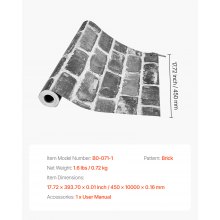 VEVOR Carta da Parati Adesiva Decorativa 45 cm x 10 m, Rotolo di Carta da Parati Autoadesiva in Vinile, Impermeabile, per Rivestimenti Murali, Camere da Letto, Cucine, Mattoni Grigi