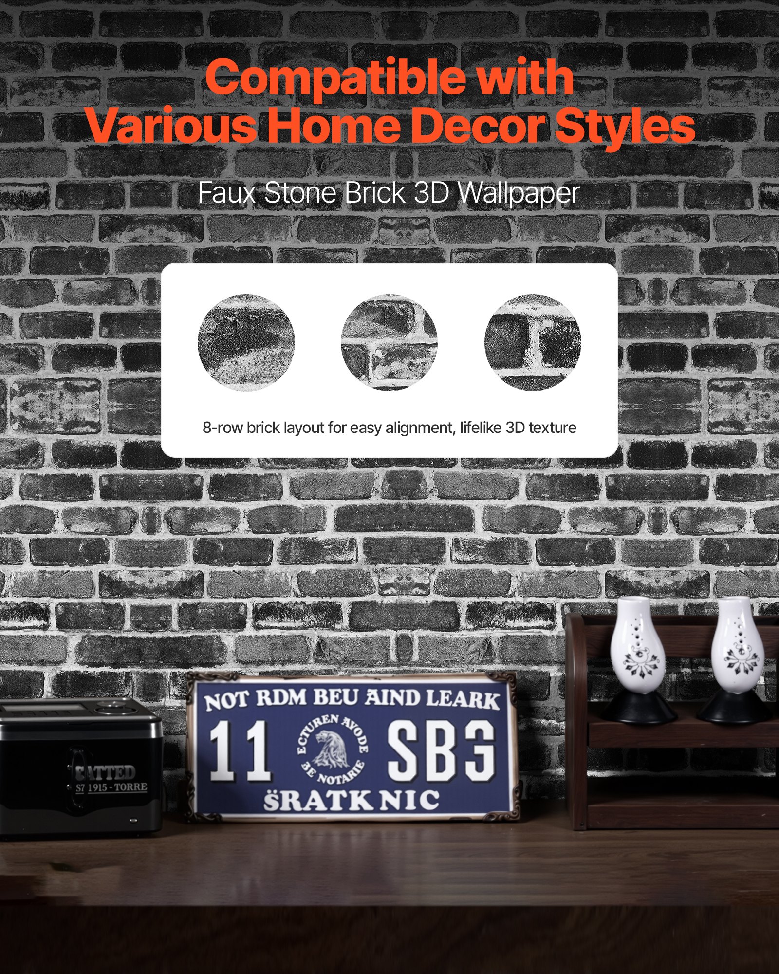 VEVOR Carta da Parati Adesiva Decorativa 45 cm x 10 m, Rotolo di Carta da Parati Autoadesiva in Vinile, Impermeabile, per Rivestimenti Murali, Camere da Letto, Cucine, Mattoni Grigi