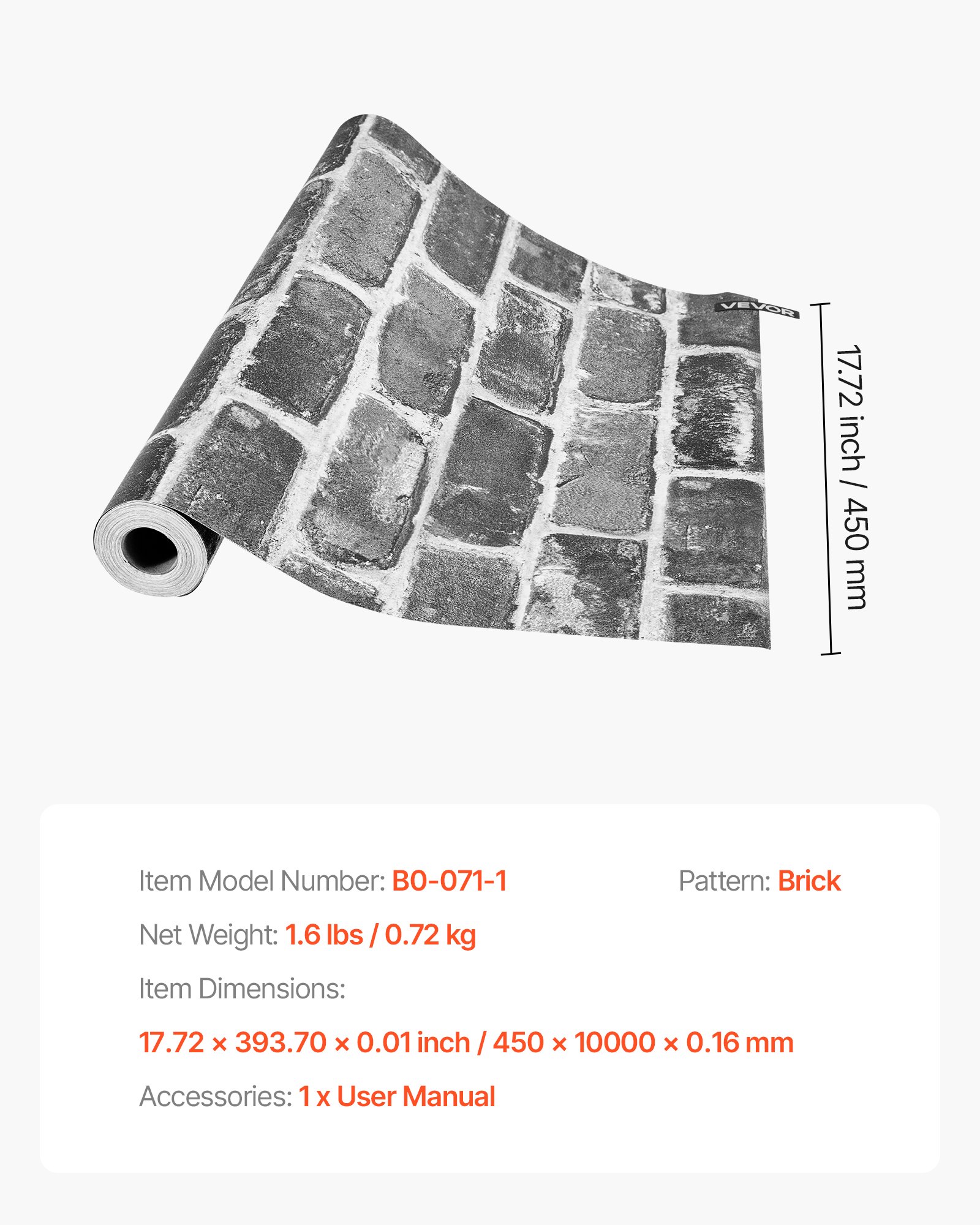 VEVOR Carta da Parati Adesiva Decorativa 45 cm x 10 m, Rotolo di Carta da Parati Autoadesiva in Vinile, Impermeabile, per Rivestimenti Murali, Camere da Letto, Cucine, Mattoni Grigi