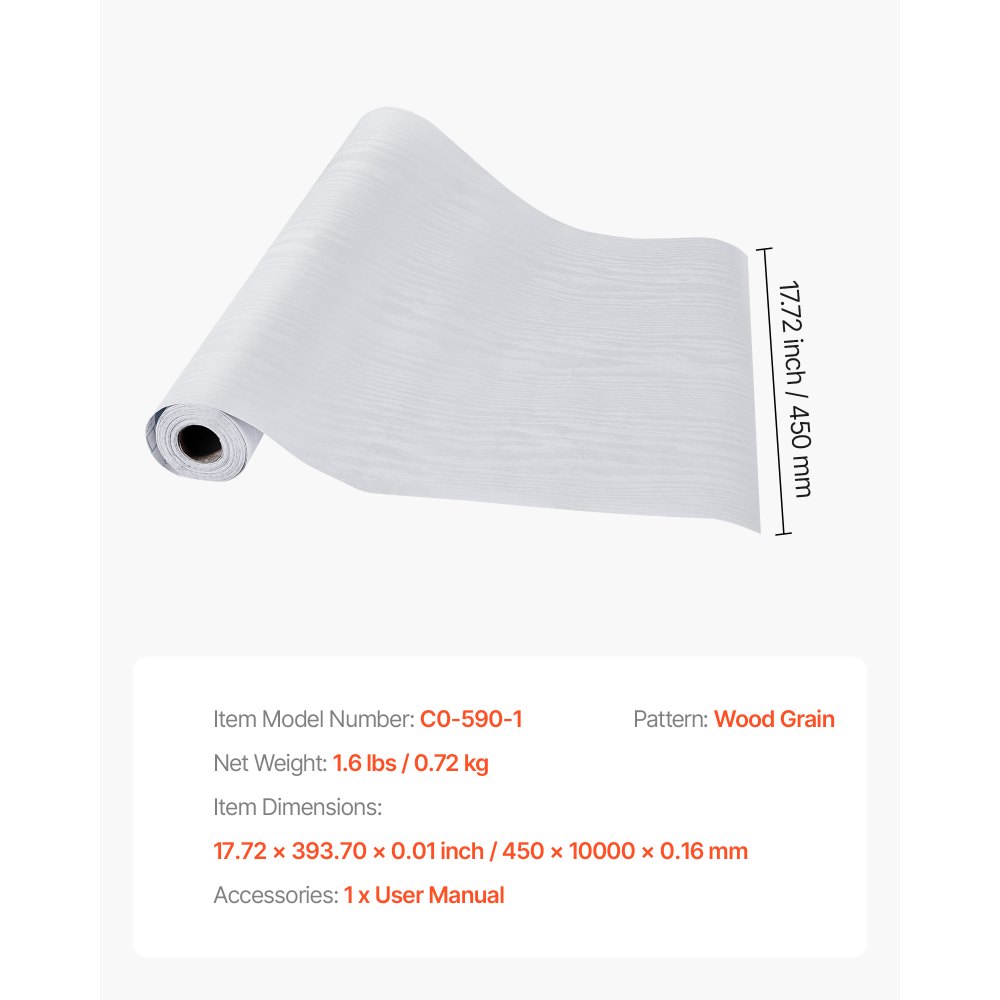 VEVOR Carta da Parati Adesiva Decorativa 45 cm x 10 m, Rotolo di Carta da Parati Autoadesiva in Vinile, Impermeabile, per Rivestimenti Murali, Camere da Letto, Cucine, Uffici, Colore Legno Bianco