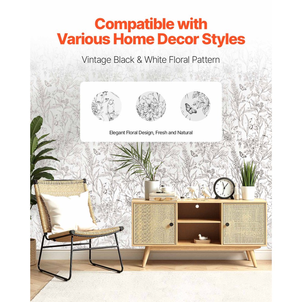 VEVOR Carta da Parati Adesiva Decorativa 45 cm x 10 m, Rotolo Carta da Parati Autoadesiva in Vinile, Impermeabile, per Rivestimenti Murali, Camere da Letto, Cucine, Uffici, Floreale Botanico Bianco