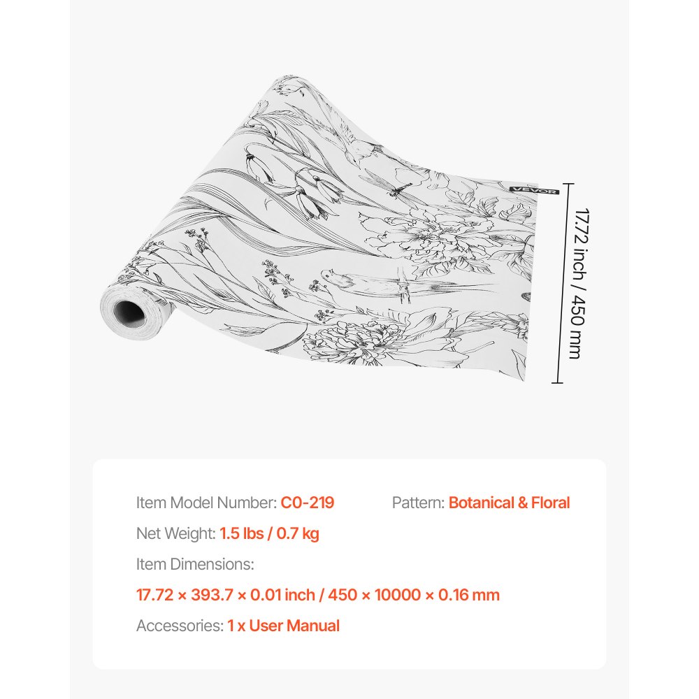 VEVOR Carta da Parati Adesiva Decorativa 45 cm x 10 m, Rotolo Carta da Parati Autoadesiva in Vinile, Impermeabile, per Rivestimenti Murali, Camere da Letto, Cucine, Uffici, Floreale Botanico Bianco
