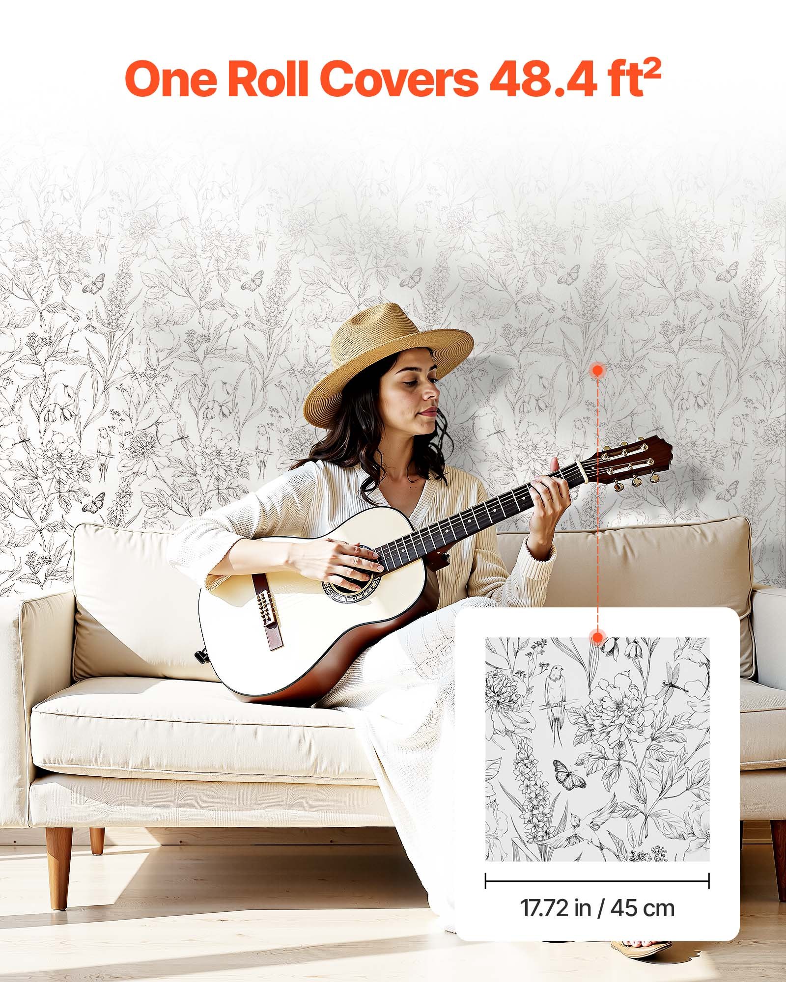 VEVOR Carta da Parati Adesiva Decorativa 45 cm x 10 m, Rotolo Carta da Parati Autoadesiva in Vinile, Impermeabile, per Rivestimenti Murali, Camere da Letto, Cucine, Uffici, Floreale Botanico Bianco