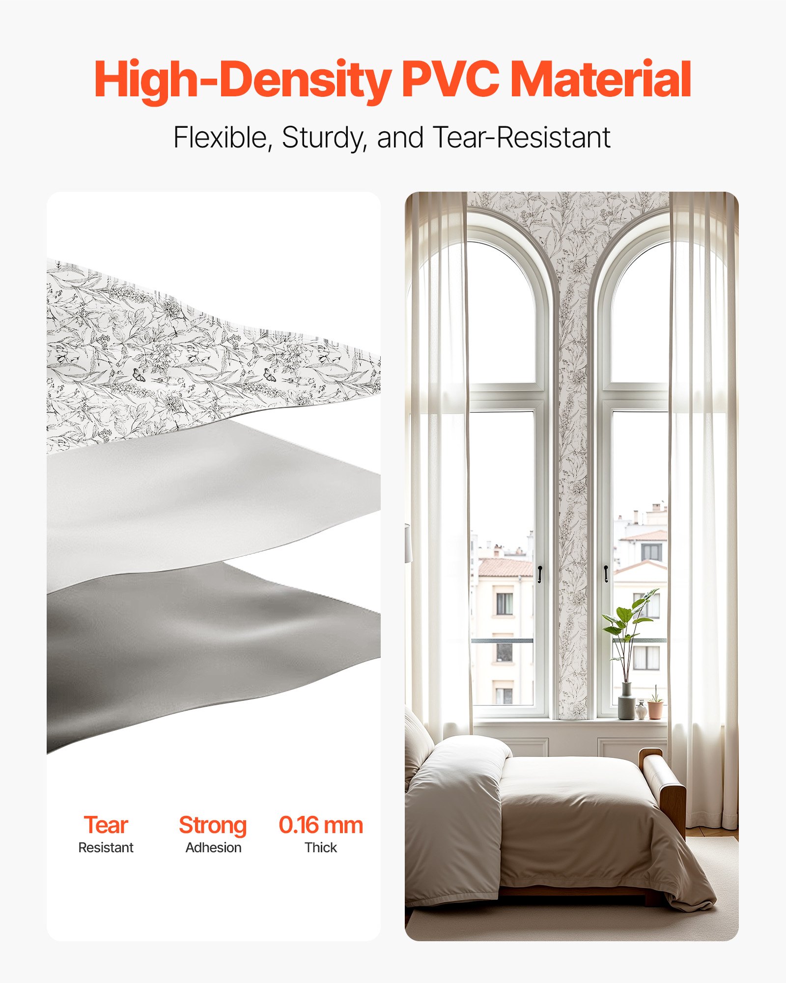 VEVOR Carta da Parati Adesiva Decorativa 45 cm x 10 m, Rotolo Carta da Parati Autoadesiva in Vinile, Impermeabile, per Rivestimenti Murali, Camere da Letto, Cucine, Uffici, Floreale Botanico Bianco