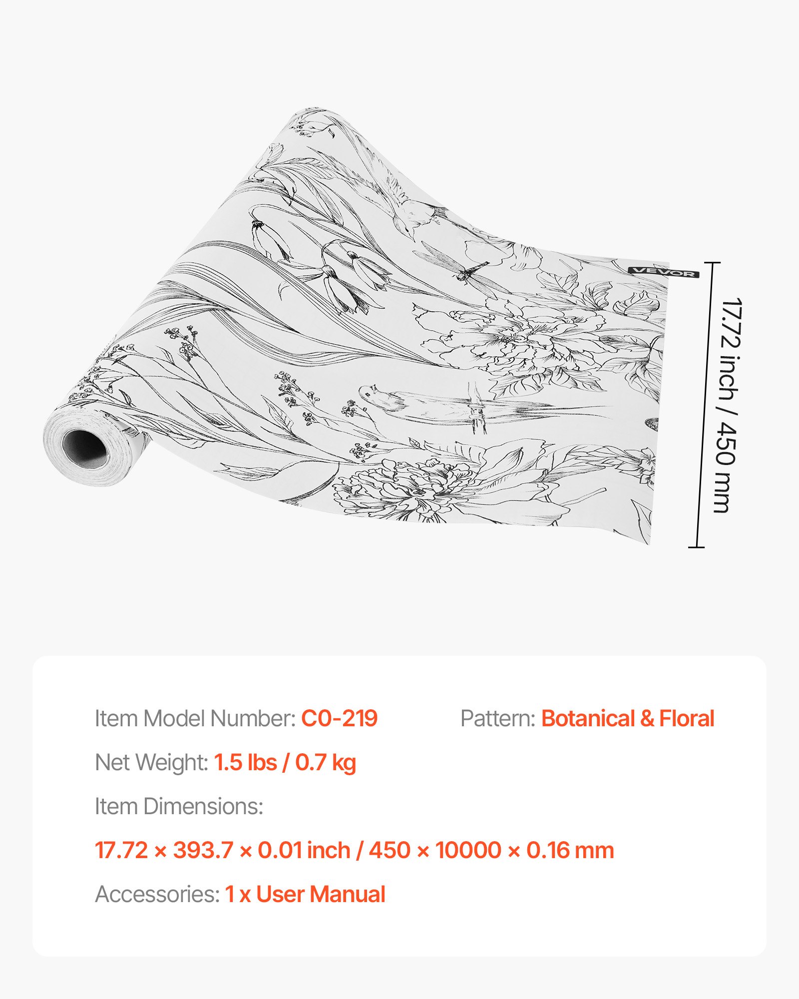 VEVOR Carta da Parati Adesiva Decorativa 45 cm x 10 m, Rotolo Carta da Parati Autoadesiva in Vinile, Impermeabile, per Rivestimenti Murali, Camere da Letto, Cucine, Uffici, Floreale Botanico Bianco