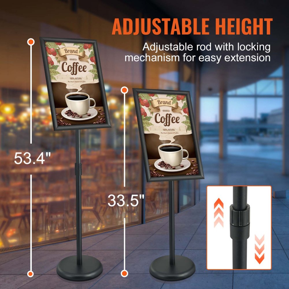 VEVOR Information Stand 420 x 297 mm Vertically & Horizontally Adjustable Poster Stand, Robust Floor-Standing Sign Holder with Round Base for Displays, Advertising and Outdoor Use, Black