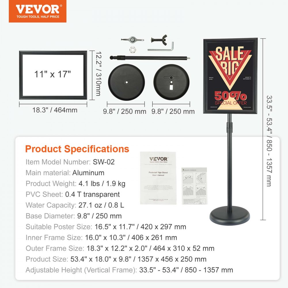 VEVOR Supporto per Insegne su Piedistallo, Supporto per Poster Regolabile da 420 x 297 mm, Piedistallo Porta Insegne Girevole 360° da Pavimento per Eventi Matrimonio Festa Conferenza Interno Esterno