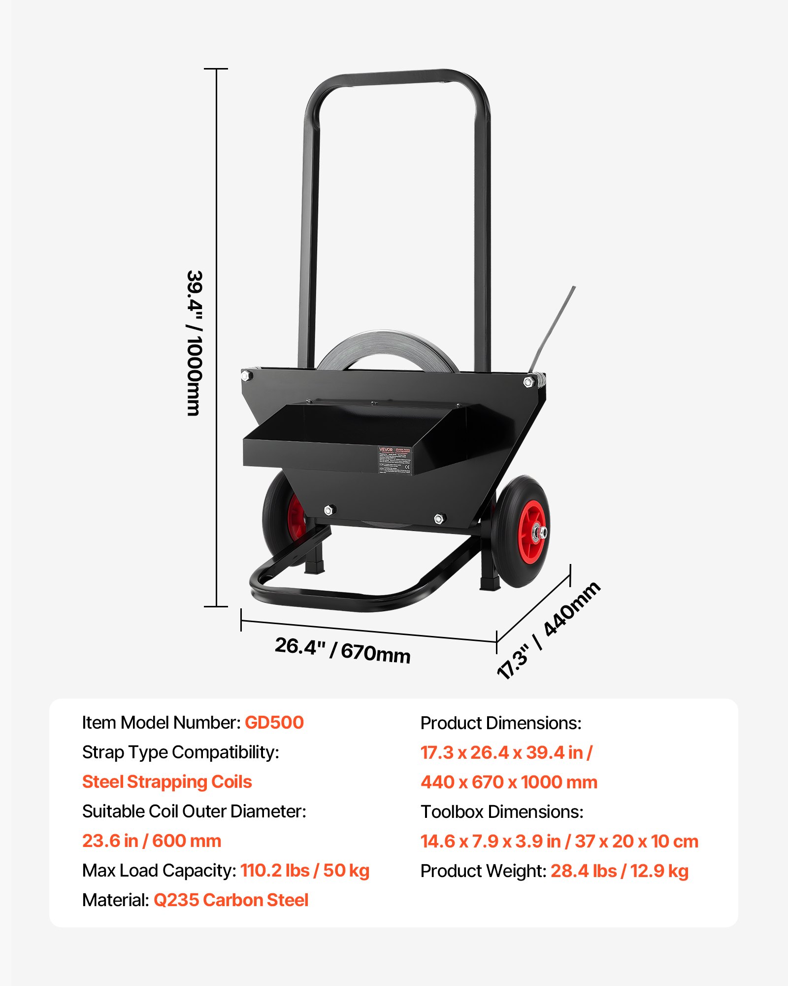 VEVOR Banding Strapping Cart, Fit for Steel Strapping Coils with 600 mm Core Outer Size, Heavy Duty Strapping Dispenser with Rubber Wheels, Suitable for Factory, Warehouse, Loading Area