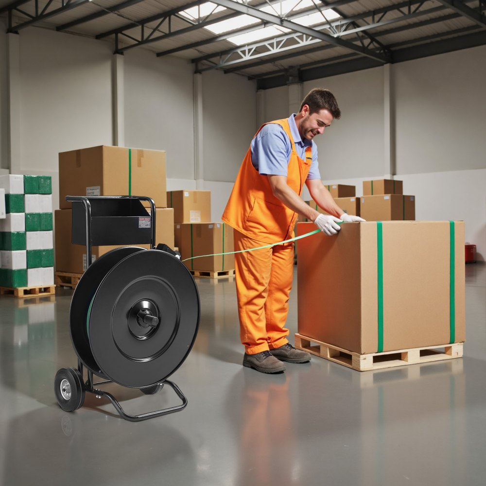 VEVOR Carrello per Reggiatura, per Bobine di Reggette in PET/PP/Acciaio con Dimensioni del Nucleo di 20,3/40,6 cm, Distributore di Reggette Dotato di Freno a Tamburo, Vassoio Integrato