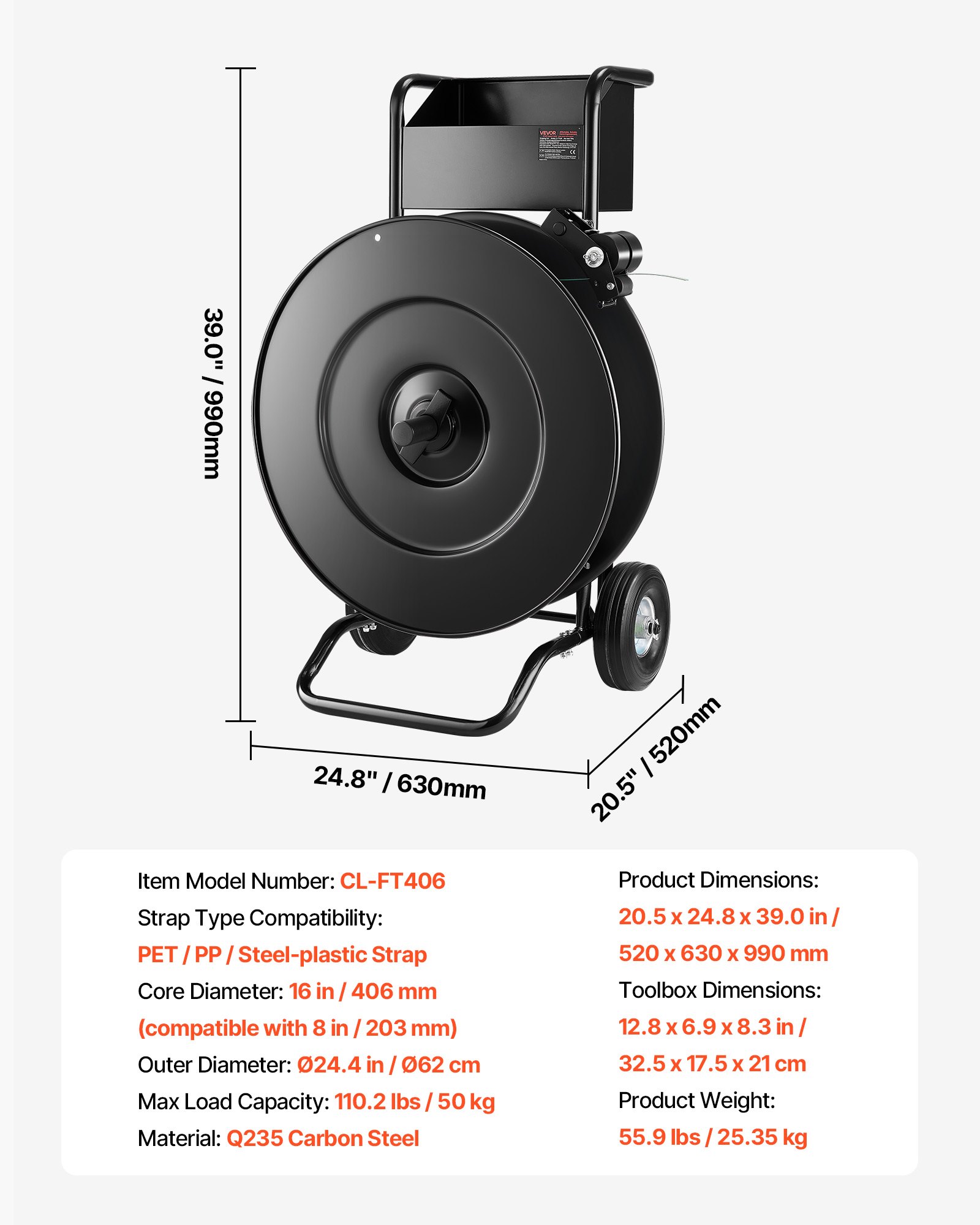 VEVOR Carrello per Reggiatura, per Bobine di Reggette in PET/PP/Acciaio con Dimensioni del Nucleo di 20,3/40,6 cm, Distributore di Reggette Dotato di Freno a Tamburo, Vassoio Integrato