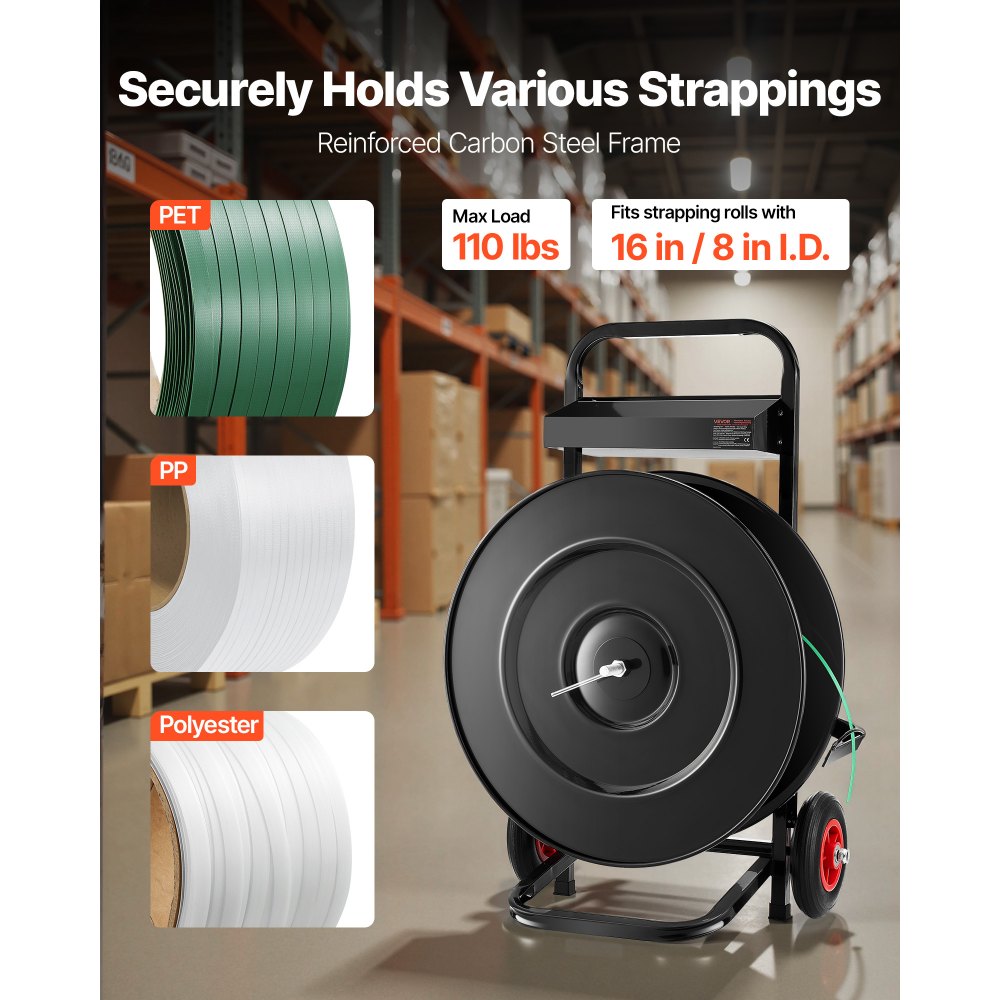 VEVOR Banding Strapping Cart, Fit for PET/PP/Polyester Strapping Coils with 20.3/40.6 cm Core Size, Heavy Duty Strapping Dispenser Equipped with Upgrade Brake System, Built-in Spacious Tray for Tools