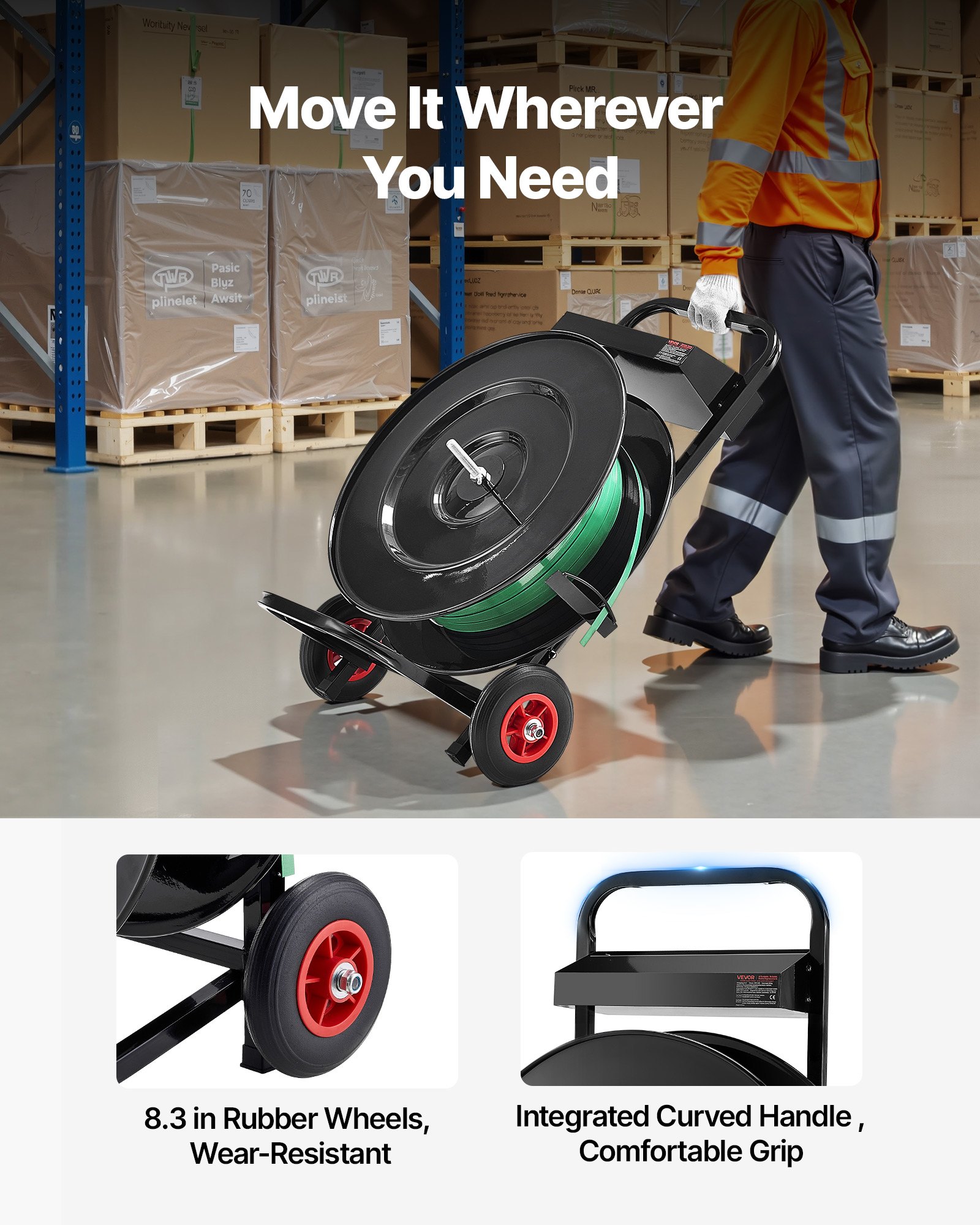 VEVOR Banding Strapping Cart, Fit for PET/PP/Polyester Strapping Coils with 20.3/40.6 cm Core Size, Heavy Duty Strapping Dispenser Equipped with Upgrade Brake System, Built-in Spacious Tray for Tools
