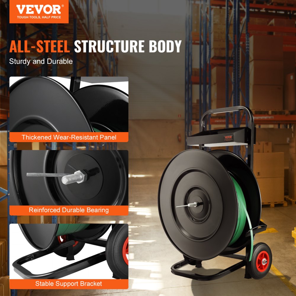 VEVOR Carrello per Reggia, Rotoli di Reggia in PET/PP/Fibra/Acciaio, Carrello Rinforzato per Reggiatura, con Diametro del Nucleo 203 mm o 406 mm Distributore di Reggia, Dotato di Rulli Anti-retrazione