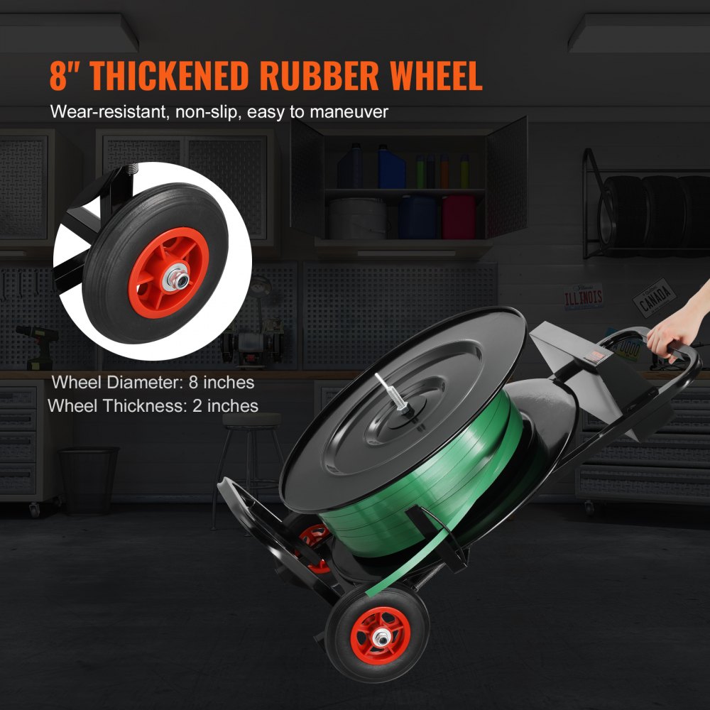 VEVOR Carrello per Reggia, Rotoli di Reggia in PET/PP/Fibra/Acciaio, Carrello Rinforzato per Reggiatura, con Diametro del Nucleo 203 mm o 406 mm Distributore di Reggia, Dotato di Rulli Anti-retrazione